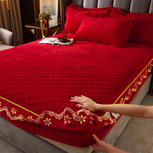 结婚庆大红色宝宝绒夹棉床笠三件套保暖加厚单床套牛奶绒毛绒床罩