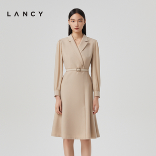 lancy朗姿春季长袖真丝羊毛，西装连衣裙女高级感气质通勤裙子