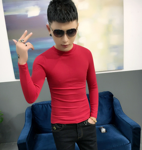 2023秋天男士半高领薄款打底衫韩版修身红色t恤个性上衣服体恤衫