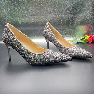 女单鞋2023夏婚礼(夏婚礼，)女鞋水晶银色尖头高跟鞋，女细跟高级感亮片伴娘鞋