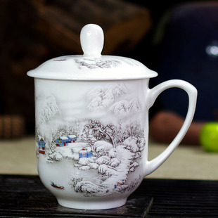 景德镇青花骨瓷杯子会议陶瓷茶杯，带把手盖子办公室定制水杯印logo