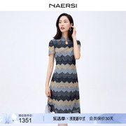 naersi娜尔思分层撞色蕾丝，改良旗袍连衣裙夏季收腰短袖裙子