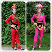 花边彝族女套装玫红大红色，长袖长裤彝族女装，民族服饰裤子装舞蹈