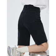 LINFANGING 黑色直筒牛仔五分裤夏季薄款设计感休闲中裤显瘦短裤