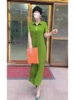 绿色西装领法式连衣裙女夏季2023复古时髦收腰系带气质中长裙