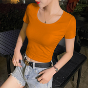 橙色圆领t恤女短袖高腰，小个子露脐上衣，ins潮2023紧身漏肚脐装