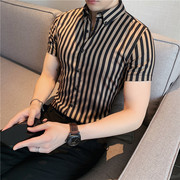 轻奢质感条纹衬衫男短袖修身韩版潮流帅气寸衣夏季商务发型师衬衣