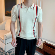 夏季休闲翻领短袖男英伦，复古条纹撞色修身轻薄透气针织polo衫t恤