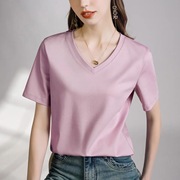 紫色液氨纯色丝光棉短袖T恤女2024春夏季V领打底衫体恤上衣