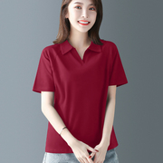 酒红色纯棉宽松polo衫短袖t恤女夏季纯色有带翻领打底体恤衫
