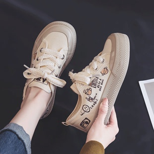 人本帆布鞋女生涂鸦透气系带圆头球鞋2024春季韩版学生板鞋子