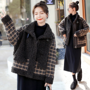 韩版冬装时尚机车皮扣立领羊羔，毛绒拼接亮丝格纹百搭毛呢外套