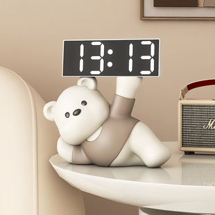 奶油风熊时钟摆件闹钟，客厅卧室装饰品桌面，摆放钟表台式创意电子钟