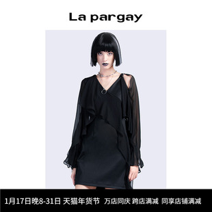 Lapargay纳帕佳春夏女装黑色上衣个性时尚露肩花边式连衣裙潮