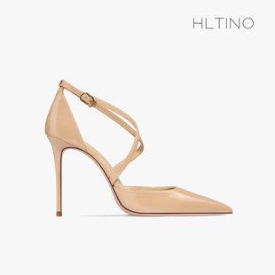 hltino2024年夏季新裸色漆皮细细条交叉绑带女士高跟包头凉鞋