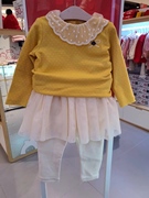 韩国中小童装 春秋女宝宝蕾丝花边领波点黄色T恤 打底裙裤套装