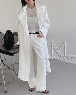 韩国女装2024早春超酷帅气英伦风白色翻领，宽松系带长风衣外套