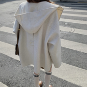 韩版秋冬双面羊绒大衣女中长款连帽宽松小个子，高端加厚羊毛呢外套