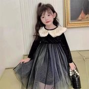 女童连衣裙春秋季2023高级感小女孩洋气丝绒网纱气质礼服裙子