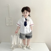 夏季韩版宝宝时尚衬衫短袖，短裤两件套潮，儿童学院风简约周岁生日