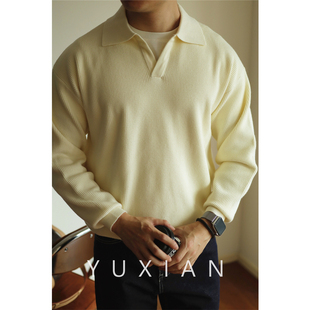 yuxian余闲v领针织衫，套头毛衣翻领重磅，保暖男士polo长袖美式秋冬