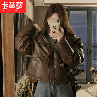 短款PU皮羽绒棉服少女冬装2023年初中高中学生棉衣美拉德外套