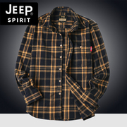 jeep吉普春秋男士商务休闲格子，磨毛大码宽松长袖，衬衫潮男衬衣外套