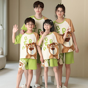 亲子睡衣一家三口装夏季纯棉，短袖母子母女，全家庭卡通套装恐龙薄款