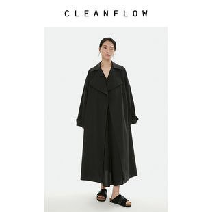 cleanflow黑色水洗棉，尼龙大翻领风衣，2023春秋高级垂感外套