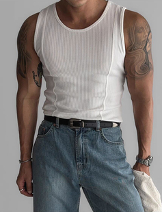 美式纯棉螺纹背心肌肉男硬汉，紧身高弹力无袖，t恤拼接设计感小坎肩