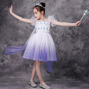 女童万圣节舞台演出服，夏季艾莎公主elsa生日蓬蓬，短款白色礼服裙子