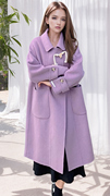 韩系紫色牛角扣双面羊毛大衣女冬季中长款翻领宽松显瘦毛呢外套