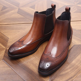 意大利复古英伦皮靴切尔西靴布洛克高帮雕花手工，鞋商务正装真皮鞋