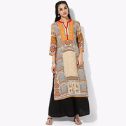 印度民族风中长款优雅印花印度女装夏7分袖显瘦长袍子侧开叉