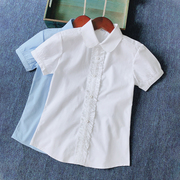 女童白衬衫短袖纯棉夏季童装半袖，花边圆领翻领学生校服天蓝色衬衣