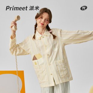 PRIMEET/派米睡衣女春秋款黄色条纹可爱女士家居服套装可外穿长袖