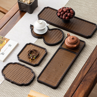 席面托盘日式竹制木托盘实木长方形，盘子木质托盘圆盘茶盘复古编织