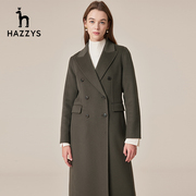 哈吉斯hazzys修身长款羊毛大衣女装双排扣毛呢外套女ABSSH02DH03