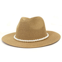 夏季草帽女彩色，大檐礼帽法国优雅珍珠，户外出游防晒遮阳沙滩帽