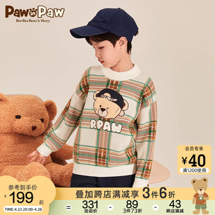 pawinpaw卡通小熊童装，冬季男童半高领格子，提花毛衣羊毛衫圆领