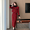 红色小香风套装，女秋冬洋气短外套，半身长裙气质两件套