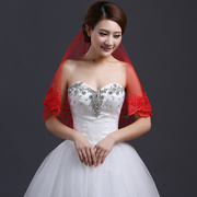 新娘头纱婚纱配饰红色3米5米超长拖尾头纱韩式蕾丝红头纱红盖头女