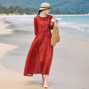 飘逸仙气红色灯笼袖细苎麻连衣裙夏季蕾丝花边系带显瘦沙滩长裙子