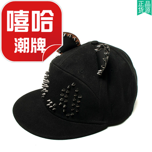 动物园帽子男熊猫耳朵，嘻哈黑色帆布金属，铆钉平檐帽游乐场hm261401