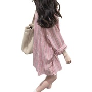 秋季薄款甜美嫩粉色条纹防晒衬衫女韩版高级感宽松衬衣开衫外搭潮
