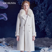 vjcolivia2023秋冬米白格纹，毛领大衣小香风，中长款外套女装