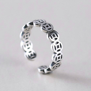 原创设计s925纯银时尚个性光面铜钱串，钱开口(钱，开口)戒指女指环冷淡风饰品