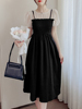 法式气质黑色雪纺连衣裙，女夏季2023设计感收腰，泡泡袖拼接裙子