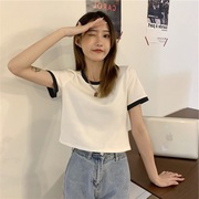 设计感拼接短袖T恤女夏韩国女装短款高腰撞色修身上衣 外贸时尚装