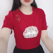 新中式国风t恤女红色夏季2024盘扣重工刺绣体恤短袖收腰上衣